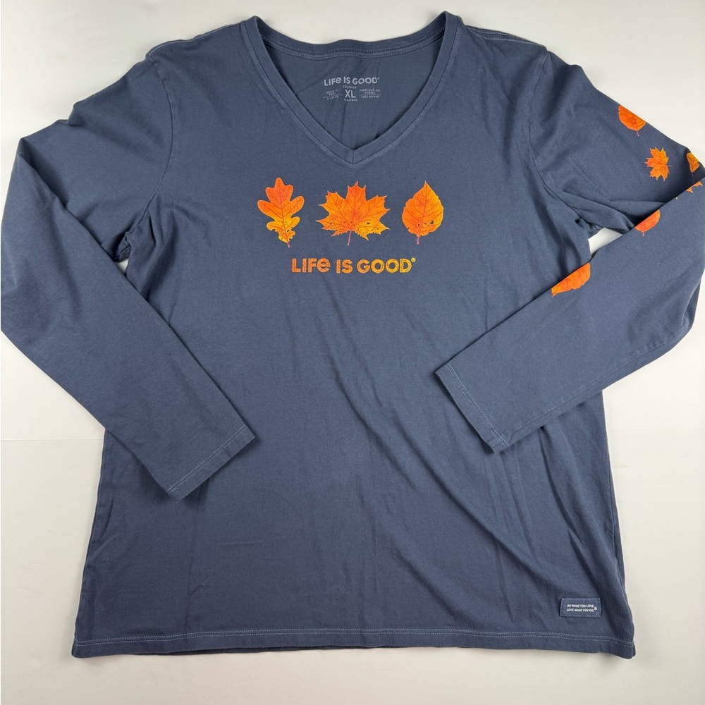 Life Is Good Women's Blue Long Sleeve Tee with Orange Leaf Design